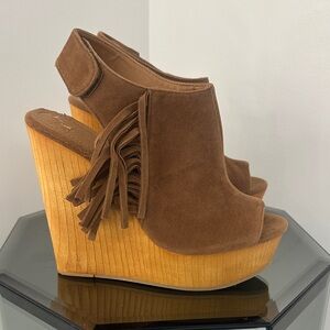 Olivia Miller Brown Suede Fringe Wedge Sandals